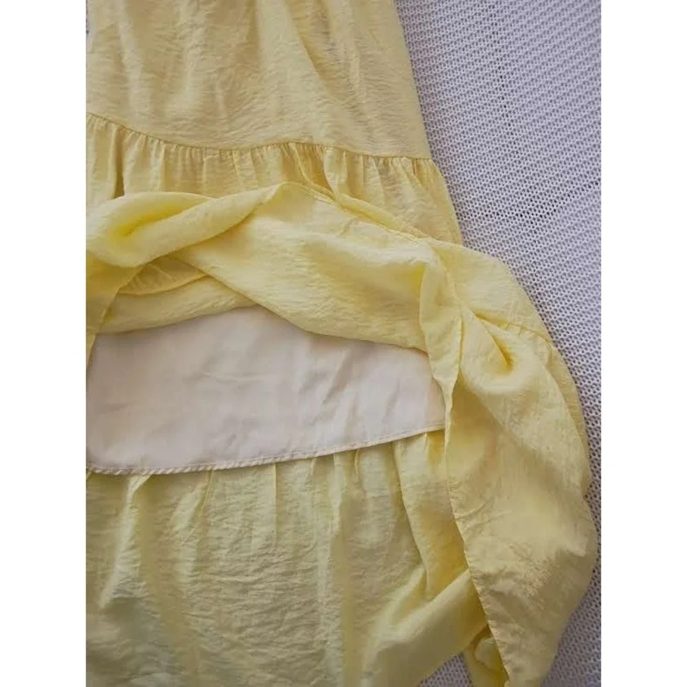 Cottagecore Boho Yellow Textured 100% Cotton Tiered‎ Maxi Halter Dress S NWOT